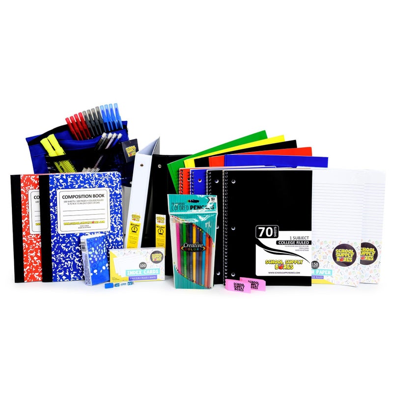 School Supply Boxes Secondary School Essentials Bundle | 1 Box - 51 Pieces per Box | School Supply Boxes - Back to School Essentials Includes Folders, Notebooks, 1" Binder, Mechanical Pencils, Index Cards, Highlighters, & Pens - Image 1